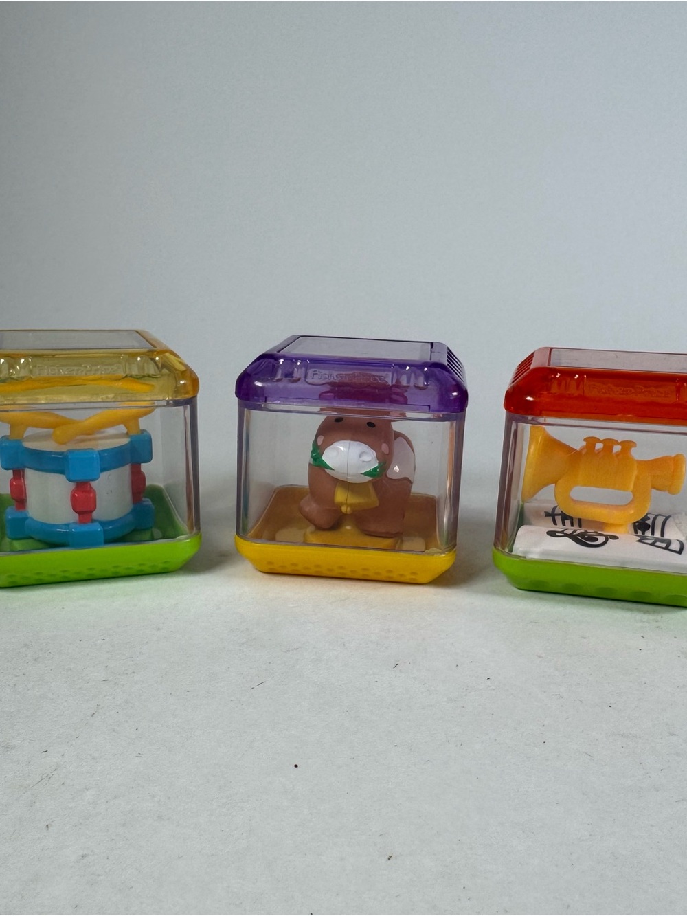 Fisher Price Incrediblock Lot Of 3 Blocks Drums Cow Trumpet 2" Peek A Boo Toys